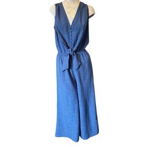 Boston Proper Sleeveless Jumpsuit Blue Size Small Tie Waist Detail Button Front
